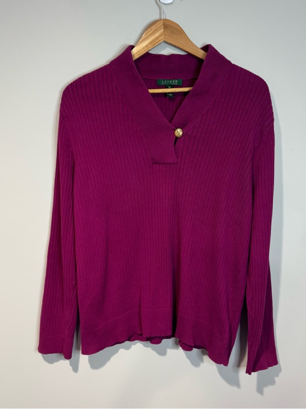Lauren Ralph Lauren Size 3X Raspberry Ribbed Knit Henley Button Sweater Classic
